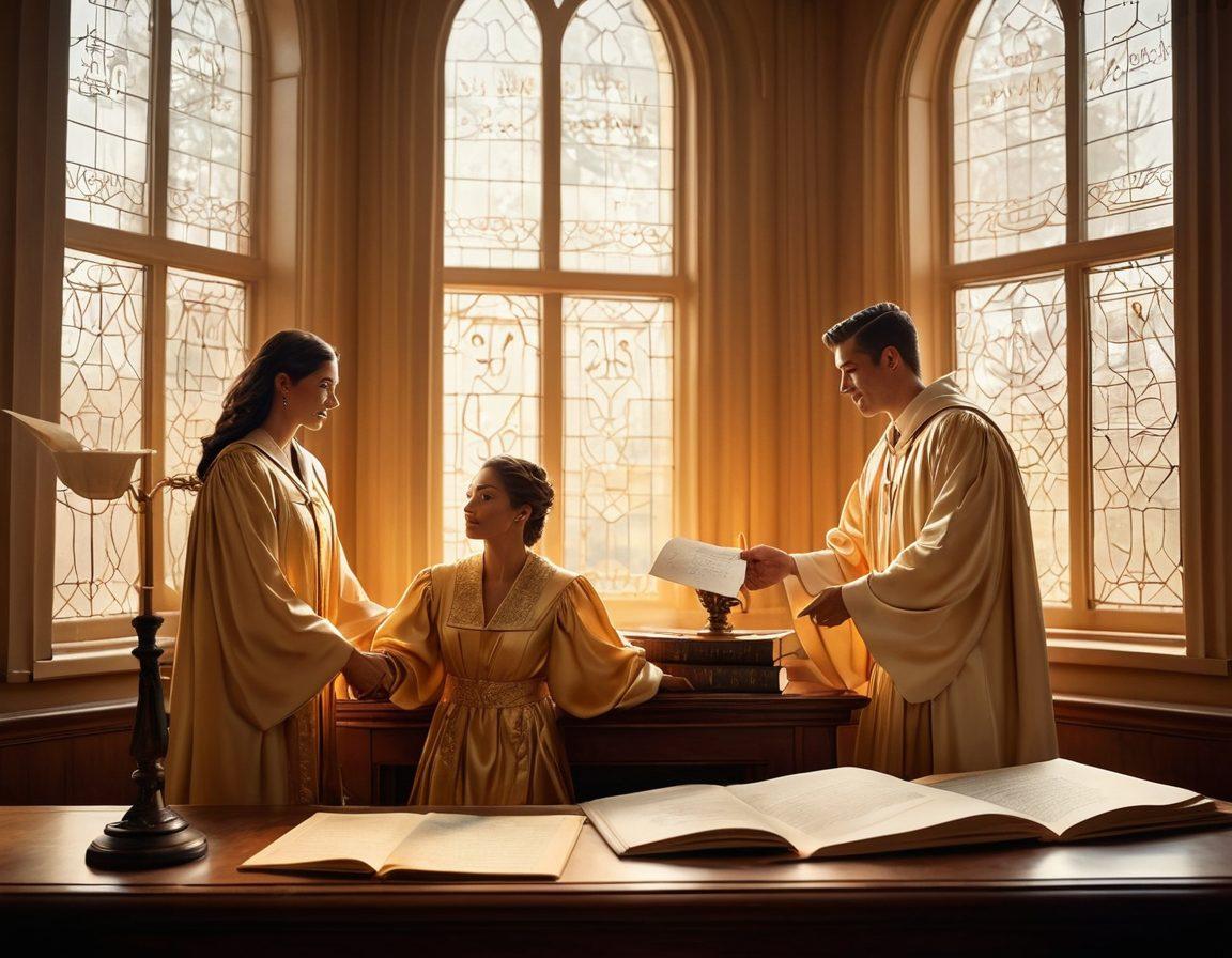 A captivating scene depicting a courtroom where a judge, dressed in regal robes, is playfully winking at a couple holding hands on the witness stand, symbolizing the fusion of justice and romance. Behind them, a backdrop of love letters written in elegant calligraphy and legal books stacked high. Soft golden light filtering through tall windows creates a warm, inviting atmosphere. super-realistic. vibrant colors. romantic undertones.