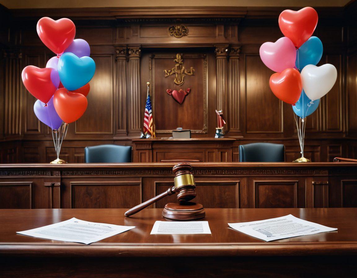 A courtroom scene blending seamlessly with a romantic setting, showcasing a gavel and legal documents on one side, and heart-shaped balloons and couples on the other. In the background, symbols of love like doves and intertwined hearts merge with elements of law like scales of justice. The atmosphere should convey the harmony between law and love, illustrating their impact on communities. vibrant colors. super-realistic.