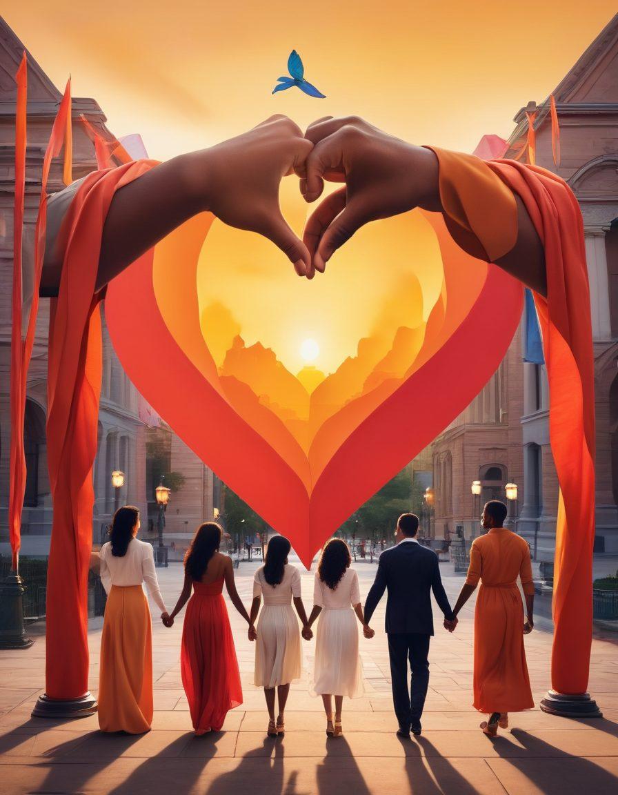 A whimsical scene depicting a diverse group of couples, each symbolizing different cultures and orientations, holding hands near a monumental courthouse draped in vibrant banners of love and justice. Surrounding them are scattered legal documents transforming into heart shapes, symbolizing the intertwining of love and law. A warm sunset casts a golden hue, creating a hopeful atmosphere. surrealism. vibrant colors. soft focus.